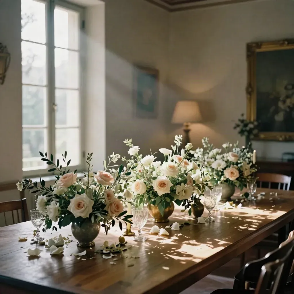 Allestimento floreale nuziale con bouquet, candele e archi in una villa luminosa.