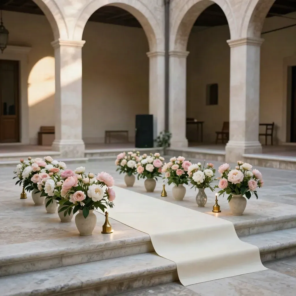 Cortile per matrimonio civile a Verona con fiori cipria, gradini in marmo e audio discreto.