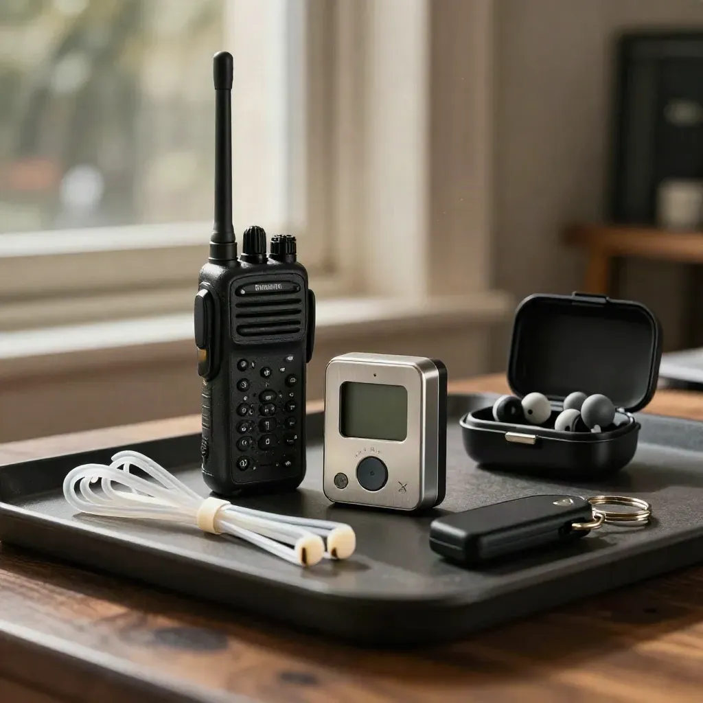 Kit di coordinazione con radio, timer, fascette e custodia auricolari su vassoio scuro.