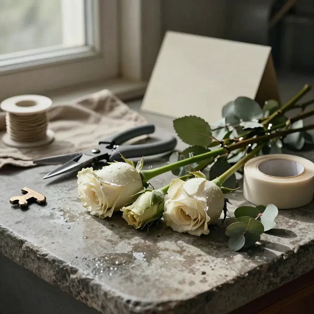 Steli di rose, cesoie, filo e coppa in ceramica su banco da fiorista.