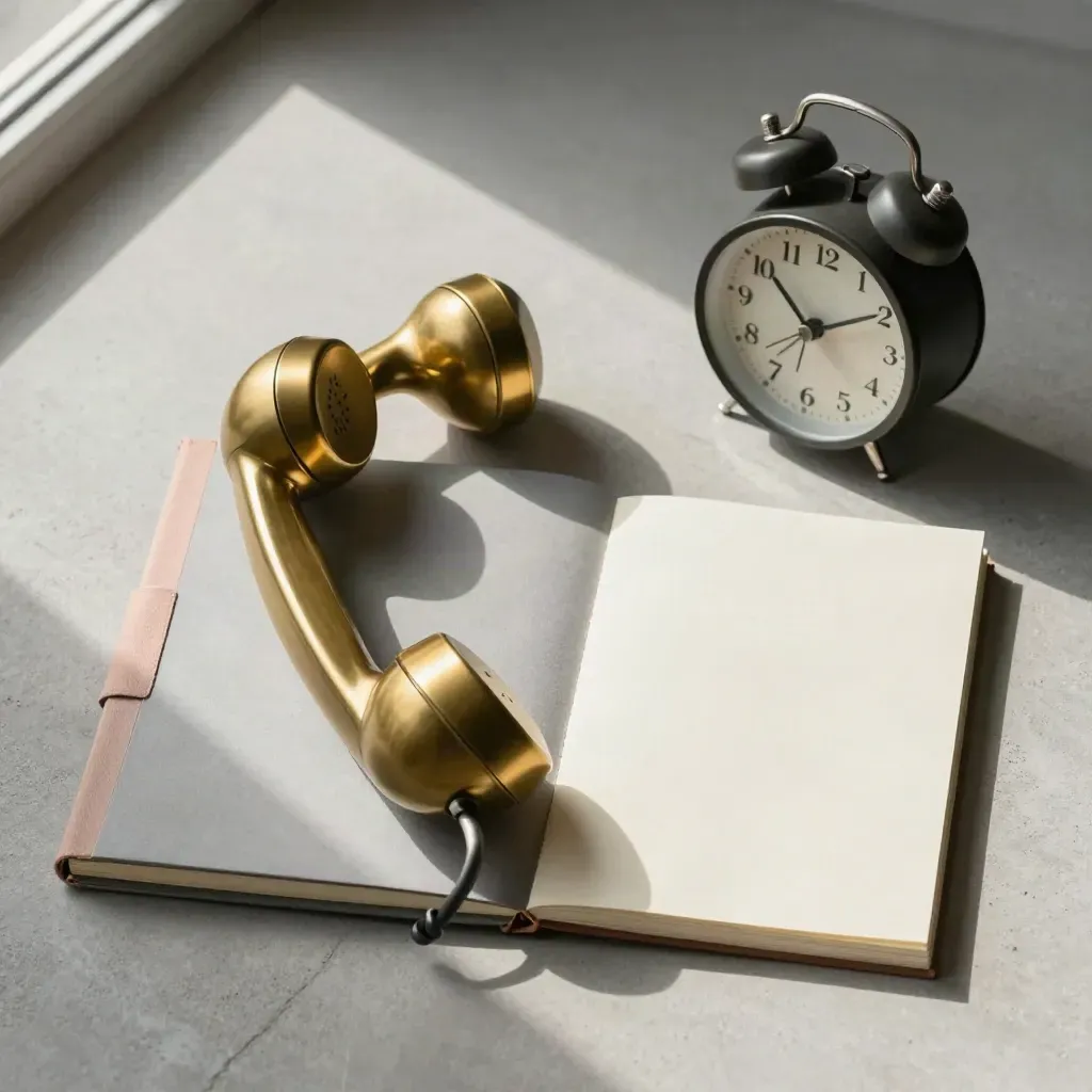 Flatlay dall’alto con cornetta in ottone, orologio e blocco appunti su cemento chiaro.